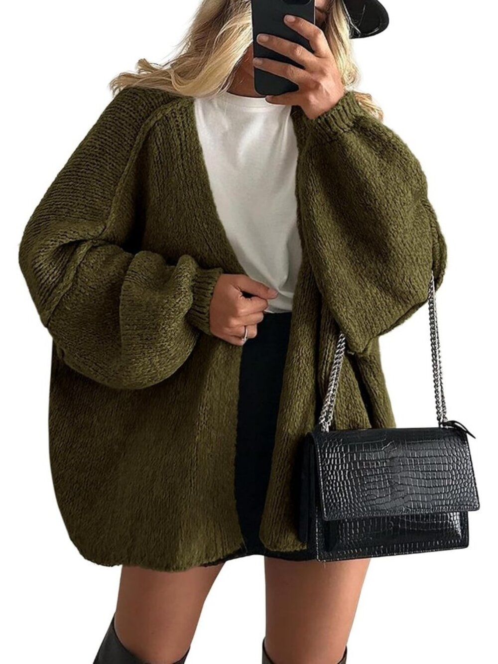 Women's Army Green Soft Chunky Knit Baggy Loose Fit Open Front Oversized Sweater